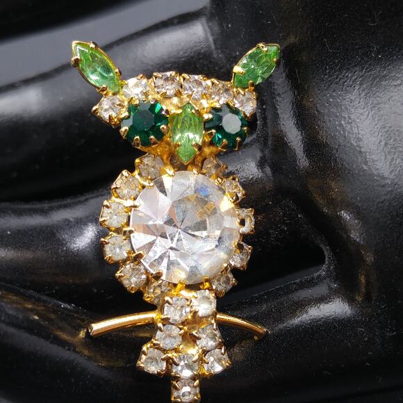 Vintage Green Rhinestone Owl Brooch, Uranium Glass Ears Nose, Gold Plated - Picture 2 of 10